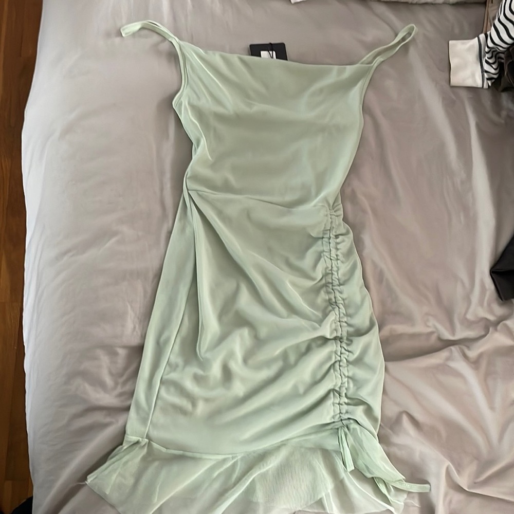Sage green mesh ruched body con dress